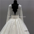 v neck backless lace bridal Long Sleeve Wedding Dress with lace